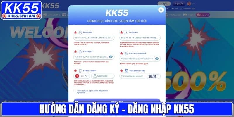 Thao tác đăng ký & đăng nhập KK55